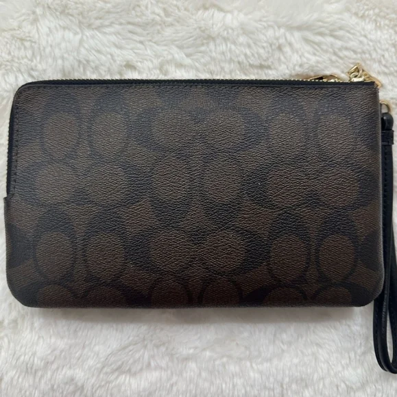 Coach Double Zip Ladies Wallet In Signature Canvas- Brown - Picture 2 of 6